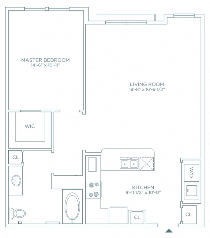Floor plan for 1 bed, 1 bath, 898 sqft